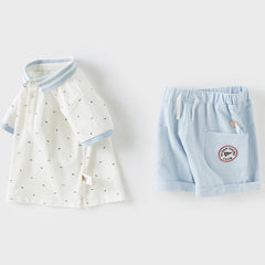 Dave&Bella Boys Summer Cotton Beige College Polo T-shirt Short Pant Set