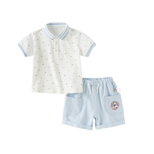 Dave&Bella Boys Summer Cotton Beige College Polo T-shirt Short Pant Set