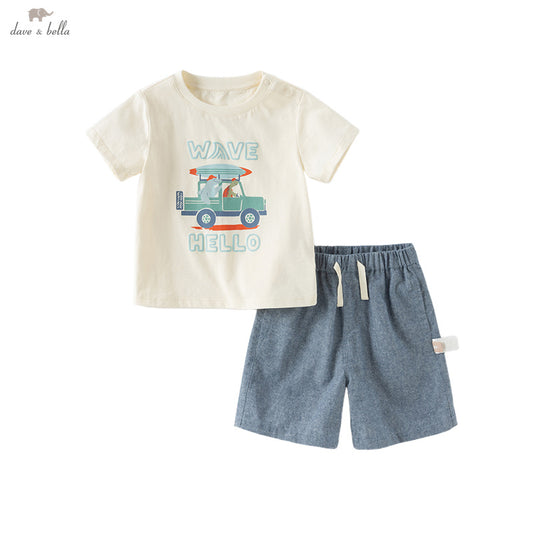 Dave&Bella Boys Summer Cotton Car Print Beige T-shirt Short Pants Set