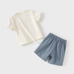Dave&Bella Boys Summer Cotton Car Print Beige T-shirt Short Pants Set