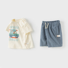 Dave&Bella Boys Summer Cotton Car Print Beige T-shirt Short Pants Set