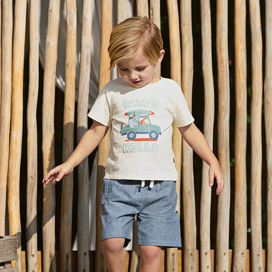 Dave&Bella Boys Summer Cotton Car Print Beige T-shirt Short Pants Set