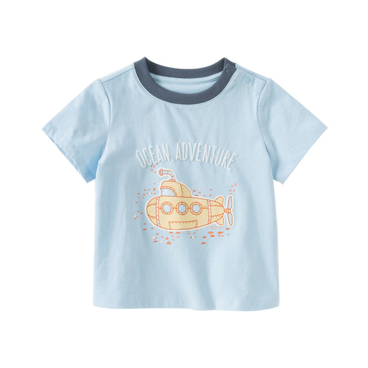 Dave&Bella Toddler Boys Summer Sea Blue Cartoon Print Cotton Casual T-shirt Tops