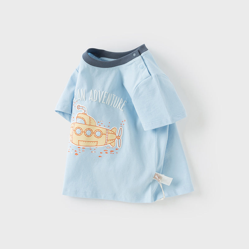 Dave&Bella Toddler Boys Summer Sea Blue Cartoon Print Cotton Casual T-shirt Tops