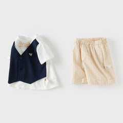 Dave&Bella Boys Summer Pure Cotton Fake Two-piece T-shirt Short Pant Set