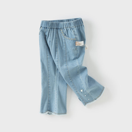 Dave&Bella Toodler Girls Summer Casual Denim Blue Breathable Cotton Lightweight Jeans