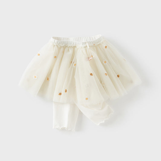Dave&Bella Toddler Girls Summer Floral Embroidered Mesh Skirt-style Pants