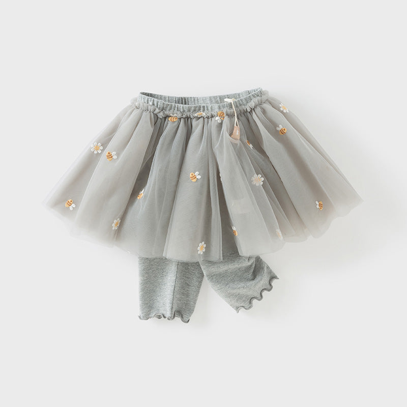 Dave&Bella Toddler Girls Summer Floral Embroidered Mesh Skirt-style Pants