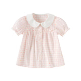Dave&Bella Toddler Girls Summer Cotton Pink White Plaid Leisure T-shirts