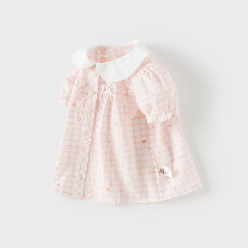 Dave&Bella Toddler Girls Summer Cotton Pink White Plaid Leisure T-shirts