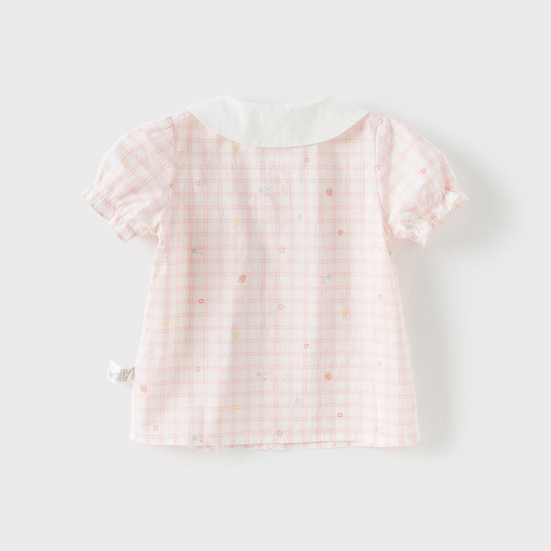 Dave&Bella Toddler Girls Summer Cotton Pink White Plaid Leisure T-shirts