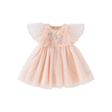 Dave&Bella Girls Summer Flowers Embroidery Flutter Sleeve Pink Mesh Dress