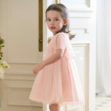 Dave&Bella Girls Summer Flowers Embroidery Flutter Sleeve Pink Mesh Dress