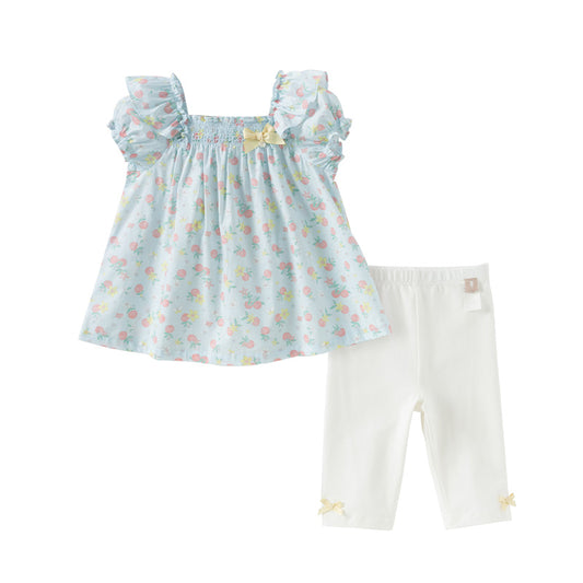 Dave&Bella Girls Summer Cotton Cherry Print T-shirt Seven-Point Short Pant Set