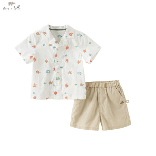 Dave&Bella Boys Summer Floral Print Shirt Khaki Short Leisure Set