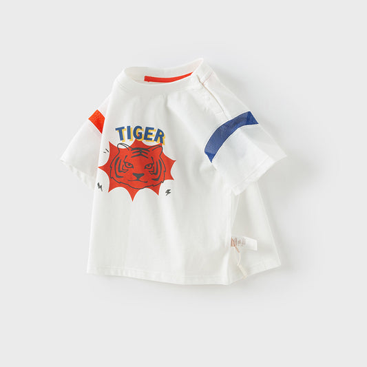 Dave&Bella Toddler Boys Summer Playful Tiger Print Soft Cotton T-shirt Tops