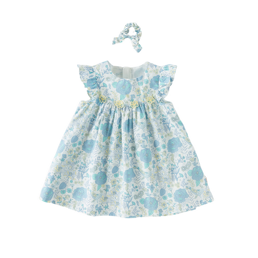 Dave&Bella Girls Summer Cotton Blue Floral Print Sweet Dress