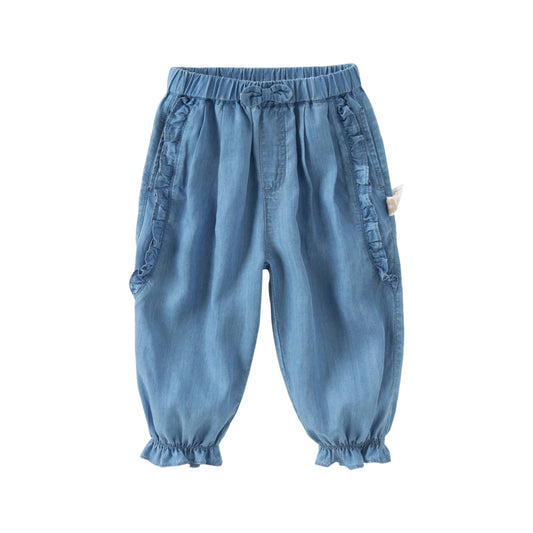 Dave&Bella Toddler Girls Summer Denim Blue Loose Lightweight Drawstring Jeans