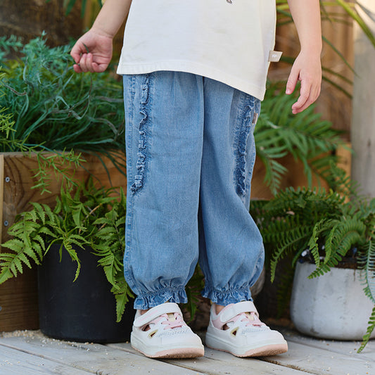 Dave&Bella Toddler Girls Summer Denim Blue Loose Lightweight Drawstring Jeans