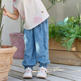 Dave&Bella Toddler Girls Summer Denim Blue Loose Lightweight Drawstring Jeans