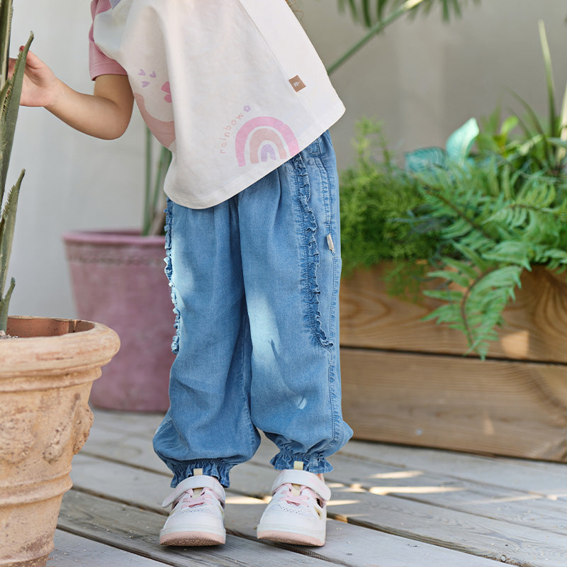 Dave&Bella Toddler Girls Summer Denim Blue Loose Lightweight Drawstring Jeans