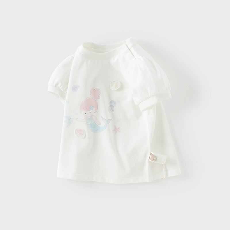 Dave&Bella Toddler Girls Summer White Cute Mermaid Print Pure Cotton T-shirt Tops