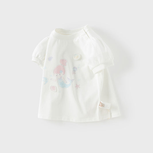 Dave&Bella Toddler Girls Summer White Cute Mermaid Print Pure Cotton T-shirt Tops