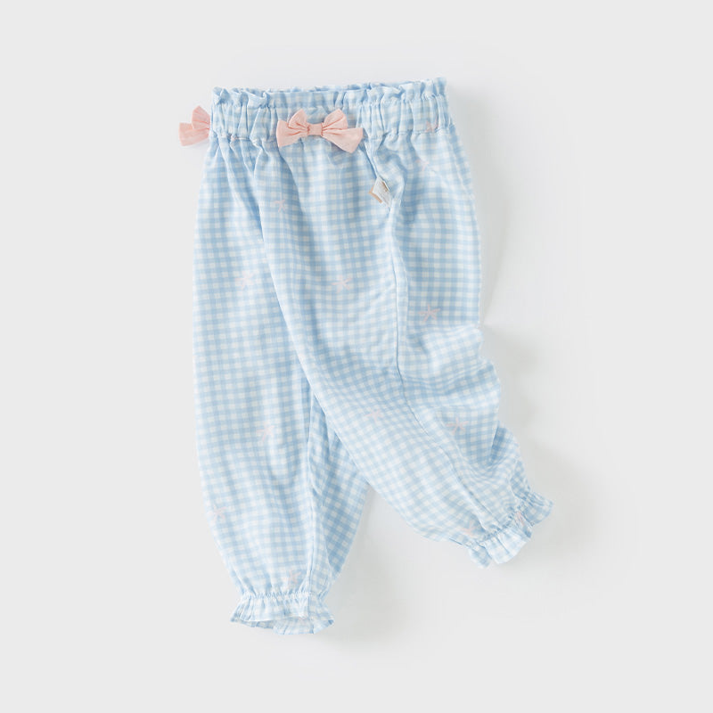 Dave&Bella Toddler Girls Summer Fashion Blue Plaid Bow Decoration Mosquito-proof Pants