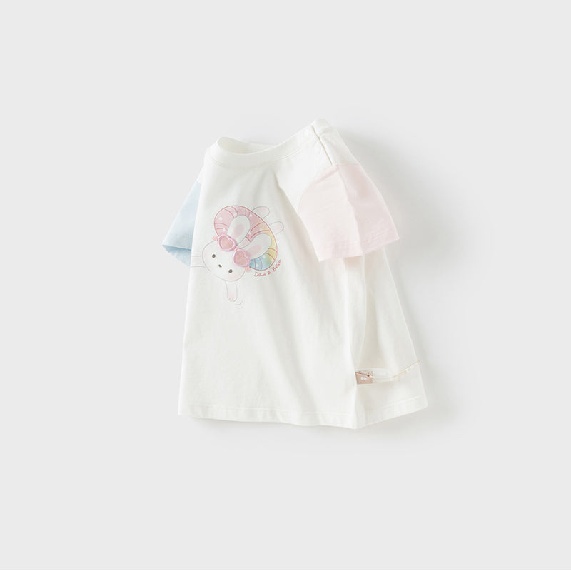 Dave&Bella Toddler Girls Summer Cute Rabbit Print White Soft Cotton T-shirt Tops
