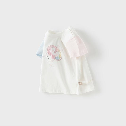 Dave&Bella Toddler Girls Summer Cute Rabbit Print White Soft Cotton T-shirt Tops
