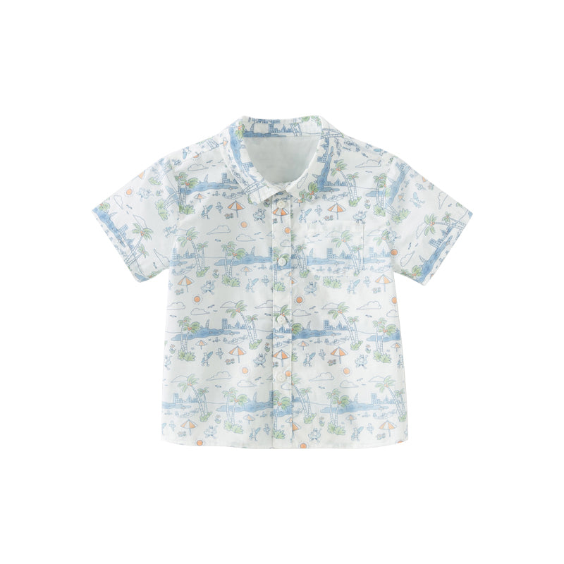 Dave&Bella Toddler Boys Summer White Print Comfortable Cotton Formal Shirt Tops