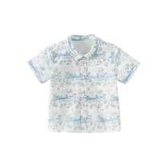 Dave&Bella Toddler Boys Summer White Print Comfortable Cotton Formal Shirt Tops