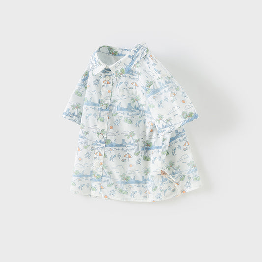 Dave&Bella Toddler Boys Summer White Print Comfortable Cotton Formal Shirt Tops