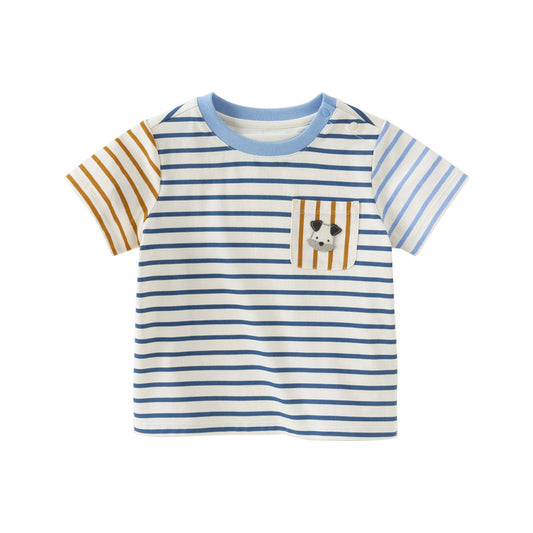 Dave&Bella Toddler Boys Summer Blue White Striped Cotton Breathable T-shirt Tops