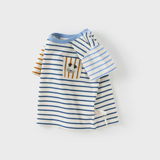Dave&Bella Toddler Boys Summer Blue White Striped Cotton Breathable T-shirt Tops
