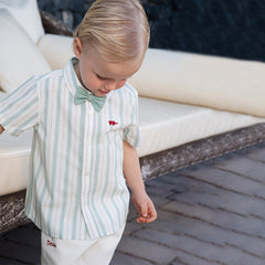 Dave&Bella Boys Summer Green Striped Shirt Cotton Shorts Formal Set