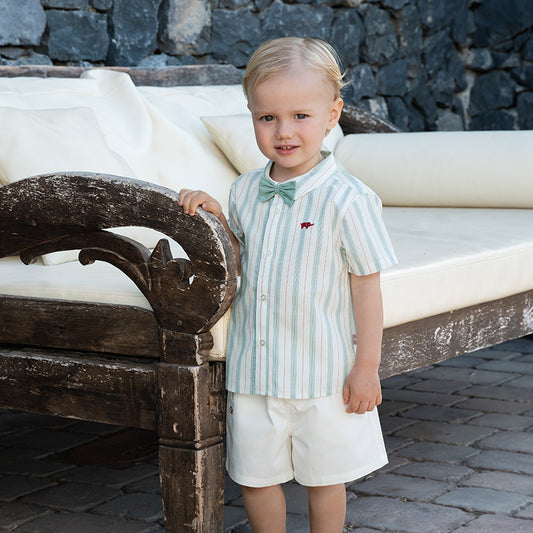Dave&Bella Boys Summer Green Striped Shirt Cotton Shorts Formal Set