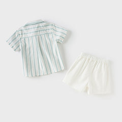 Dave&Bella Boys Summer Green Striped Shirt Cotton Shorts Formal Set