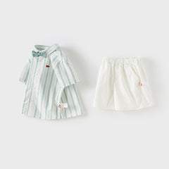 Dave&Bella Boys Summer Green Striped Shirt Cotton Shorts Formal Set