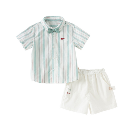 Dave&Bella Boys Summer Green Striped Shirt Cotton Shorts Formal Set