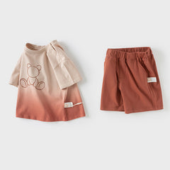Dave&Bella Toddler Boys Summer Cotton Gradient T-Shirt Five-Point Short Pant Set