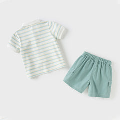 Dave&Bella Boys Summer Cotton Green Striped T-shirt Short Pant Set