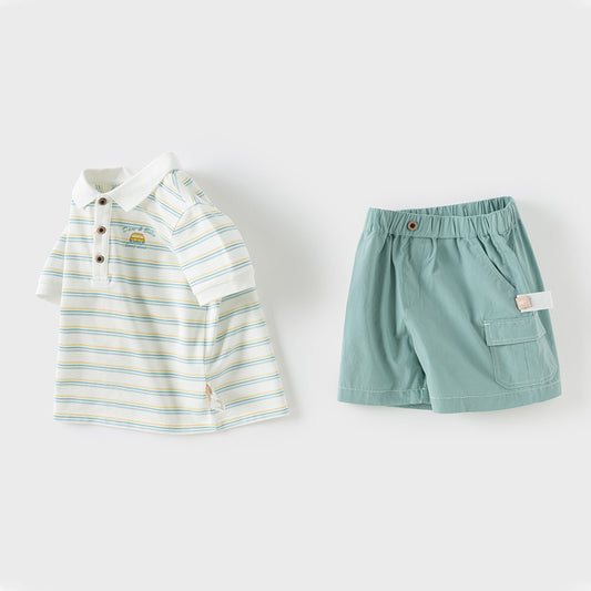 Dave&Bella Boys Summer Cotton Green Striped T-shirt Short Pant Set