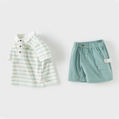 Dave&Bella Boys Summer Cotton Green Striped T-shirt Short Pant Set