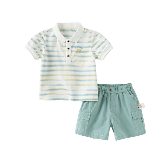 Dave&Bella Boys Summer Cotton Green Striped T-shirt Short Pant Set