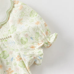 Dave&Bella Girls Summer Pure Cotton Green Floral Print T-shirt Short Pant Set