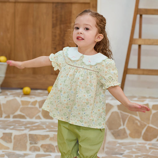 Dave&Bella Girls Summer Pure Cotton Green Floral Print T-shirt Short Pant Set