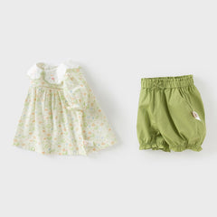 Dave&Bella Girls Summer Pure Cotton Green Floral Print T-shirt Short Pant Set