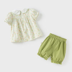 Dave&Bella Girls Summer Pure Cotton Green Floral Print T-shirt Short Pant Set