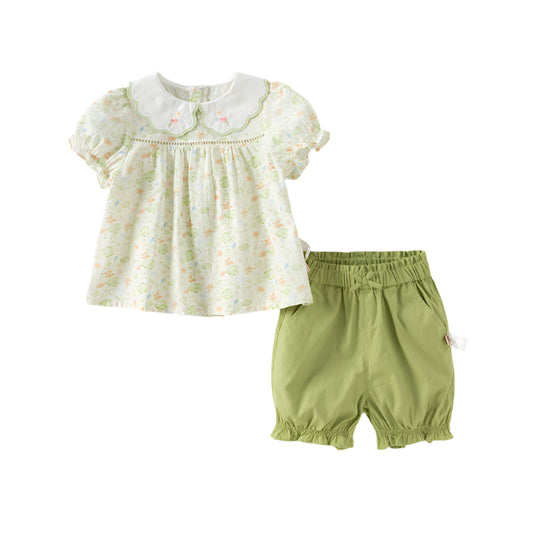 Dave&Bella Girls Summer Pure Cotton Green Floral Print T-shirt Short Pant Set